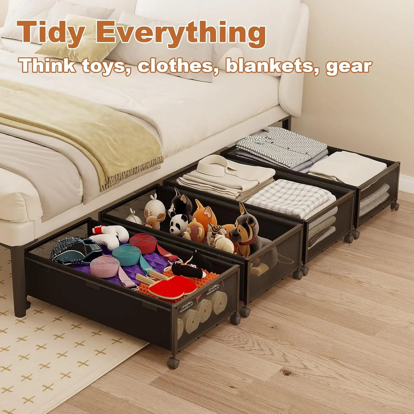 2-Pack Under-Bed Storage Containers with Wheels, 10" Height, 31" Long, Black Drawers for Shoes and Clothes