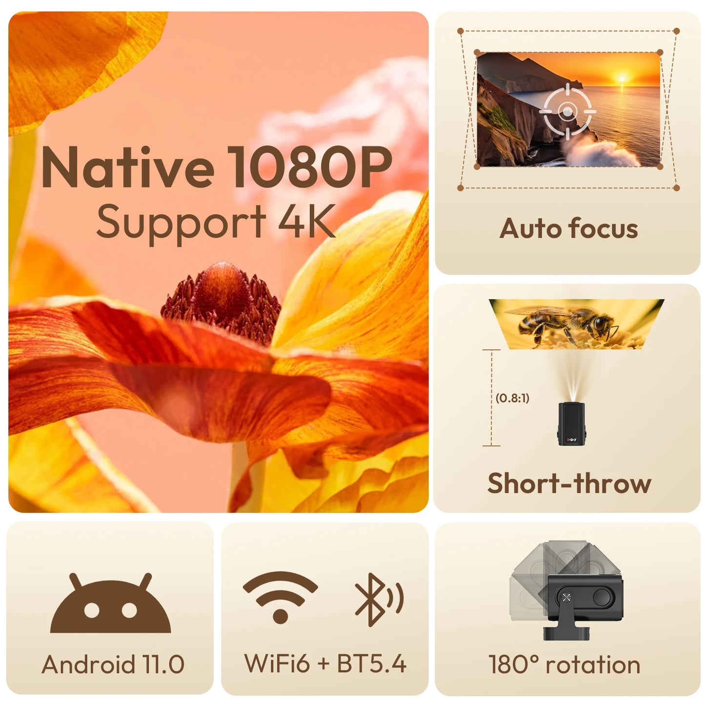 XGODY 4K HD 300ANSI Projector Cinema Bluetooth WiFi 1080P Android Home Theater Smart