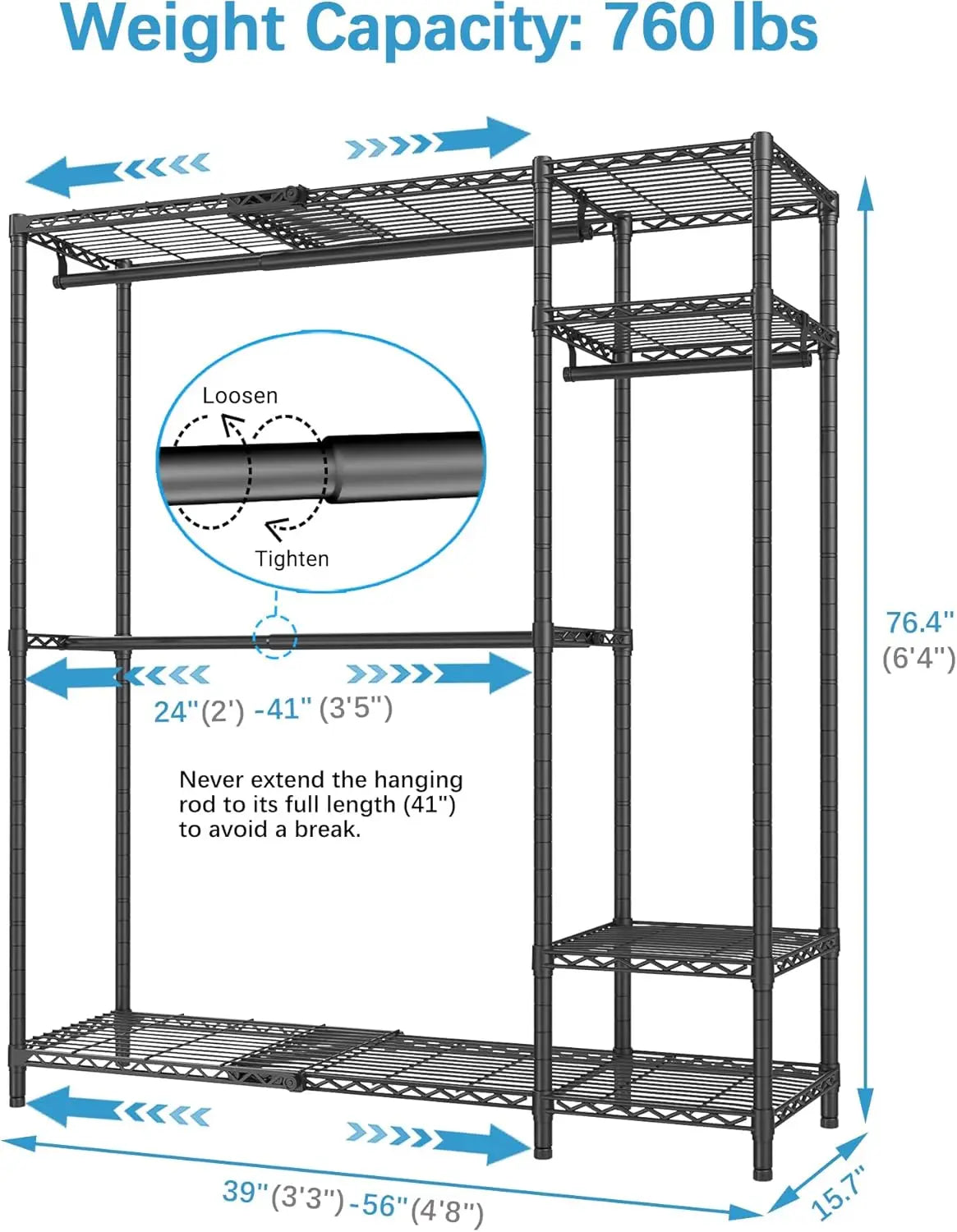 X20 Expandable Metal Clothing Rack Adjustable from 3'3" to 4'8" Heavy Duty Garment Racks with Adjustable Shelves and Hanger Rods