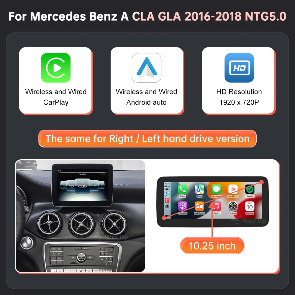 RoadTop Wireless CarPlay Android Auto Car Multimedia Display For Mercedes-Benz CLA GLA A Class W176 2016-2018 NTG5.0 TouchScreen