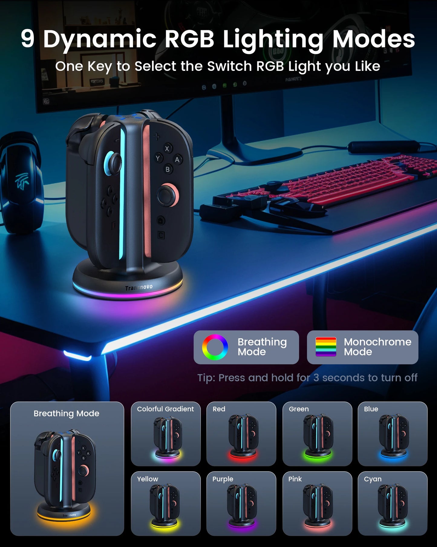 4-slot Charging Dock for Nintendo Switch2 Organized Desk Space LED Smart Indicator with 9 RGB Mode Safety Charge Peotection