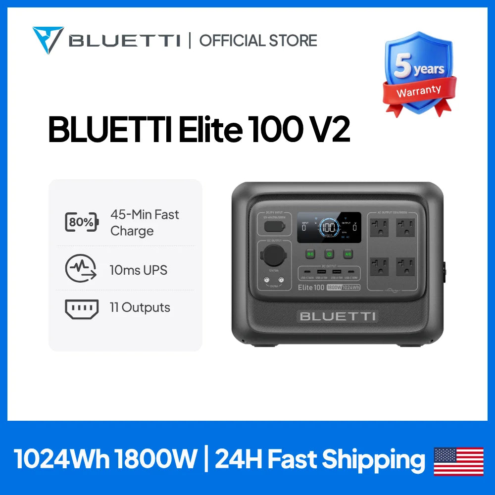 【Brand New】BLUETTI Elite 100 V2 Portable Power Station 1800W 1024Wh with Multiple Outputs for Outdoors & Emergency Use