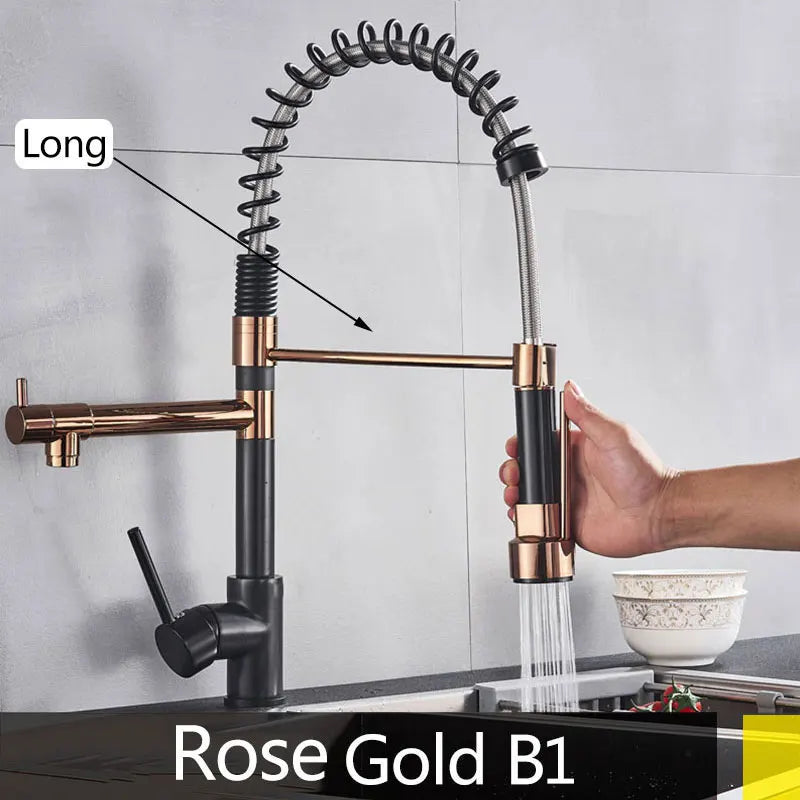 Popular Kitchen Spring Sink Faucet Rose Gold Color New Matching Hot Cold Bath Mixer Tap Modern Free Rotation Pull Down Spout