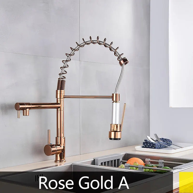Popular Kitchen Spring Sink Faucet Rose Gold Color New Matching Hot Cold Bath Mixer Tap Modern Free Rotation Pull Down Spout
