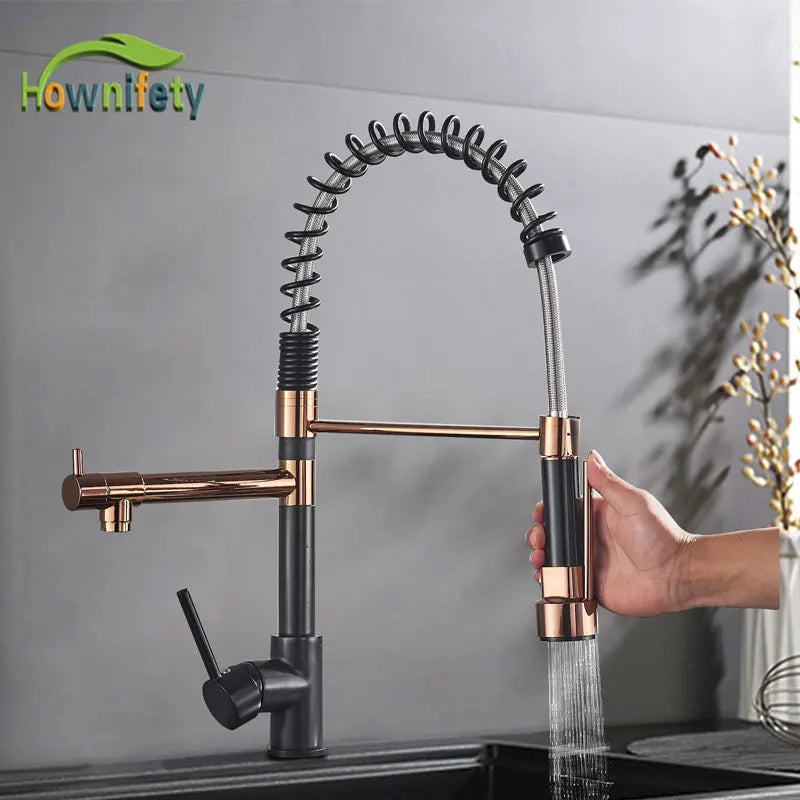 Popular Kitchen Spring Sink Faucet Rose Gold Color New Matching Hot Cold Bath Mixer Tap Modern Free Rotation Pull Down Spout