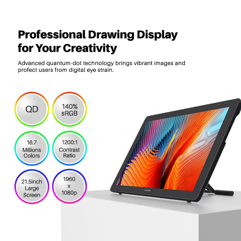 21.5 Inch Huion Graphics Tablet Monitor Kamvas 22 Plus 140%sRGB Drawing Tablet Support Linux MacOS Laotop Android USB3.1 DP1.2