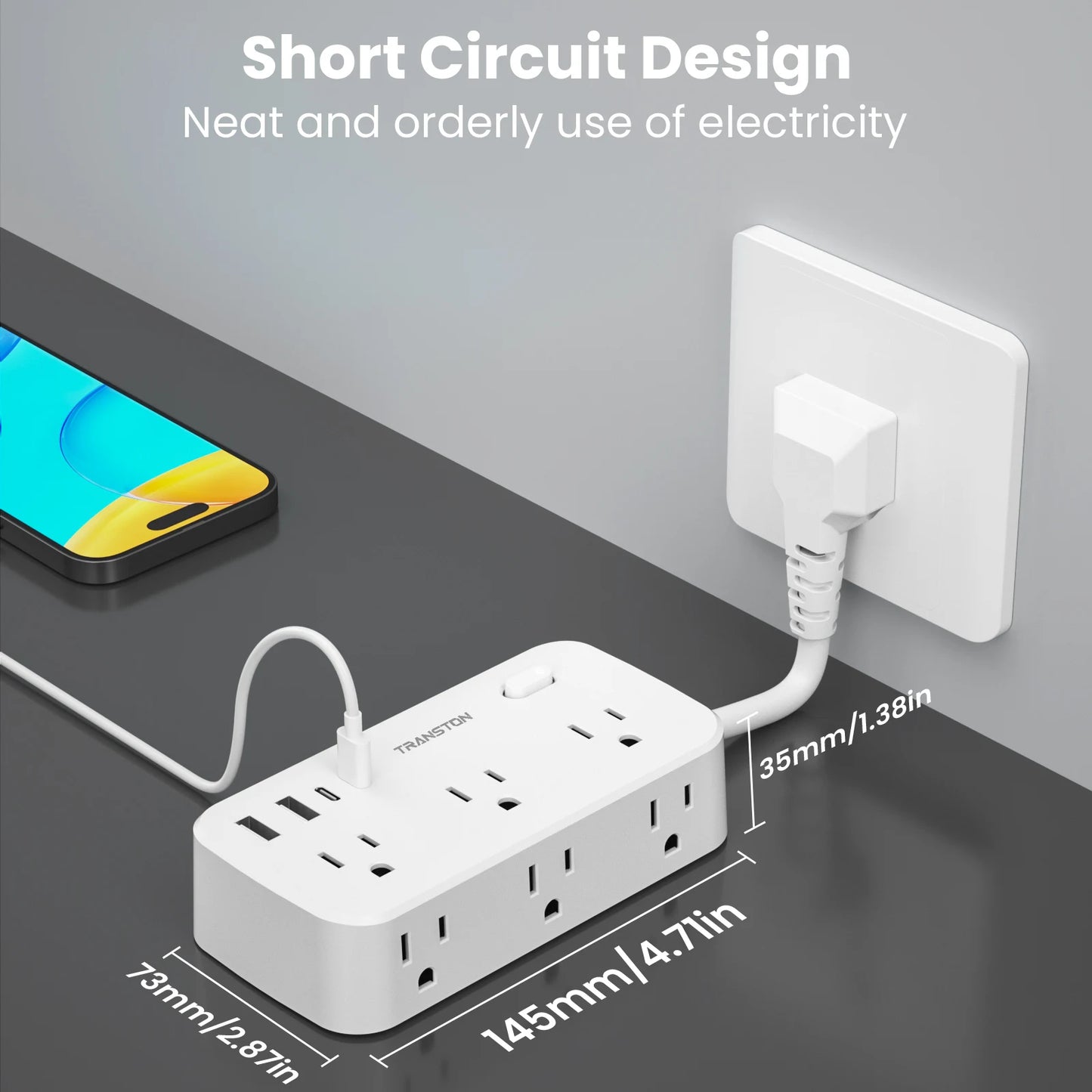 power strip surge protector with 6 AC Outlets,2 USB & 2 USB-C Fast Charging Ports,10 in 1,45°tilt plug,Advanced Protection for