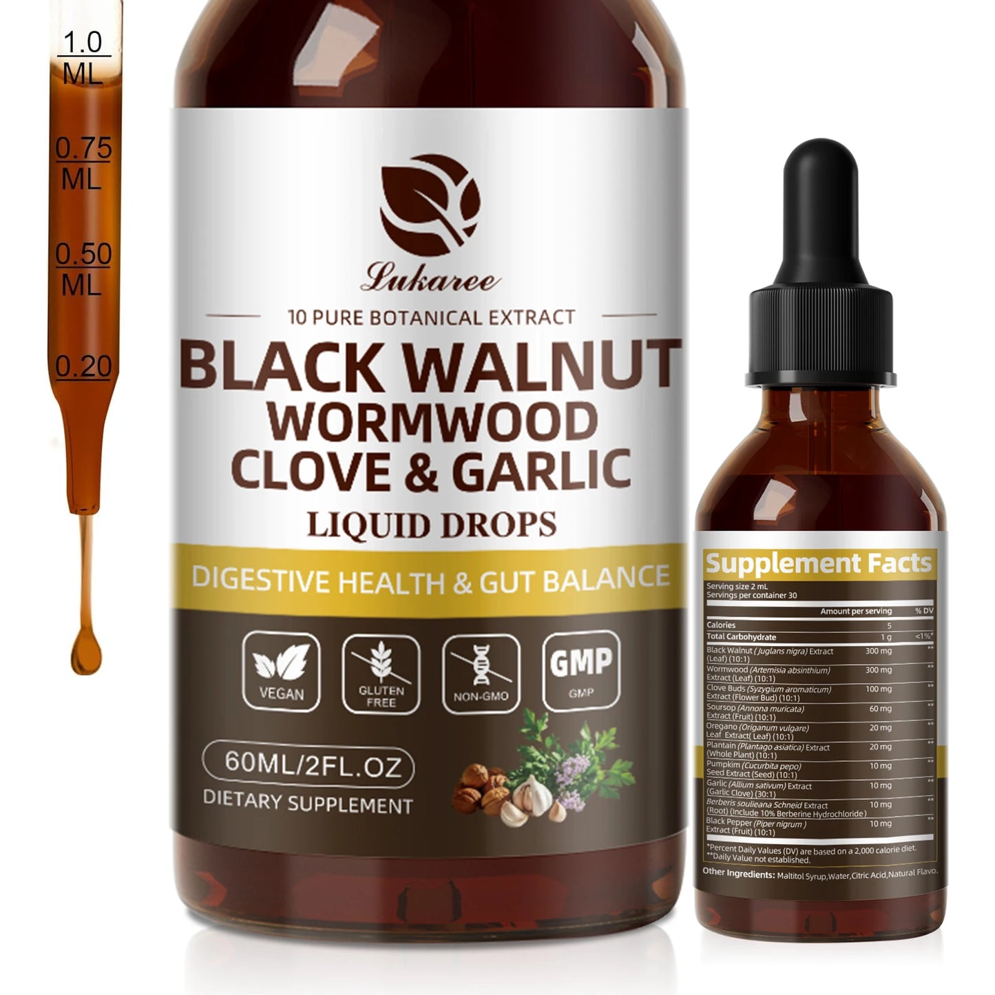 Lukaree 60ML Black Walnut Drop with Wormwood Clove & Garlic Support Digestion and Immune Health, Detoxify the Body Antioxidant