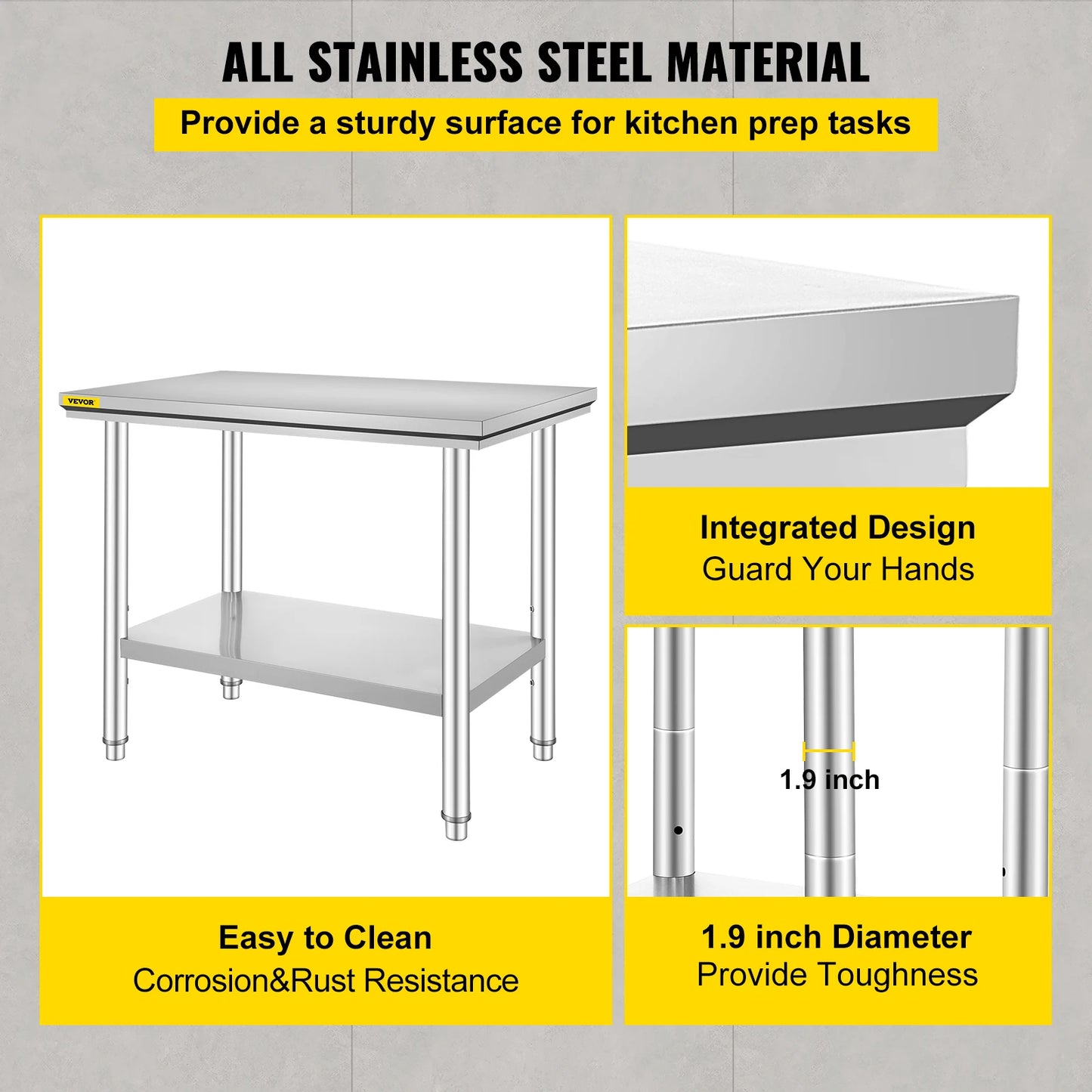 Hygienic Stainless Steel Kitchen Work Prep Station With Undershelf