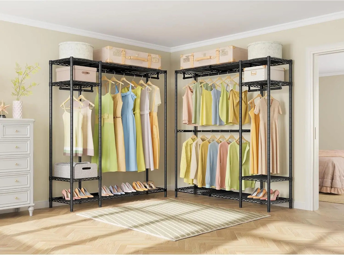 X20 Expandable Metal Clothing Rack Adjustable from 3'3" to 4'8" Heavy Duty Garment Racks with Adjustable Shelves and Hanger Rods