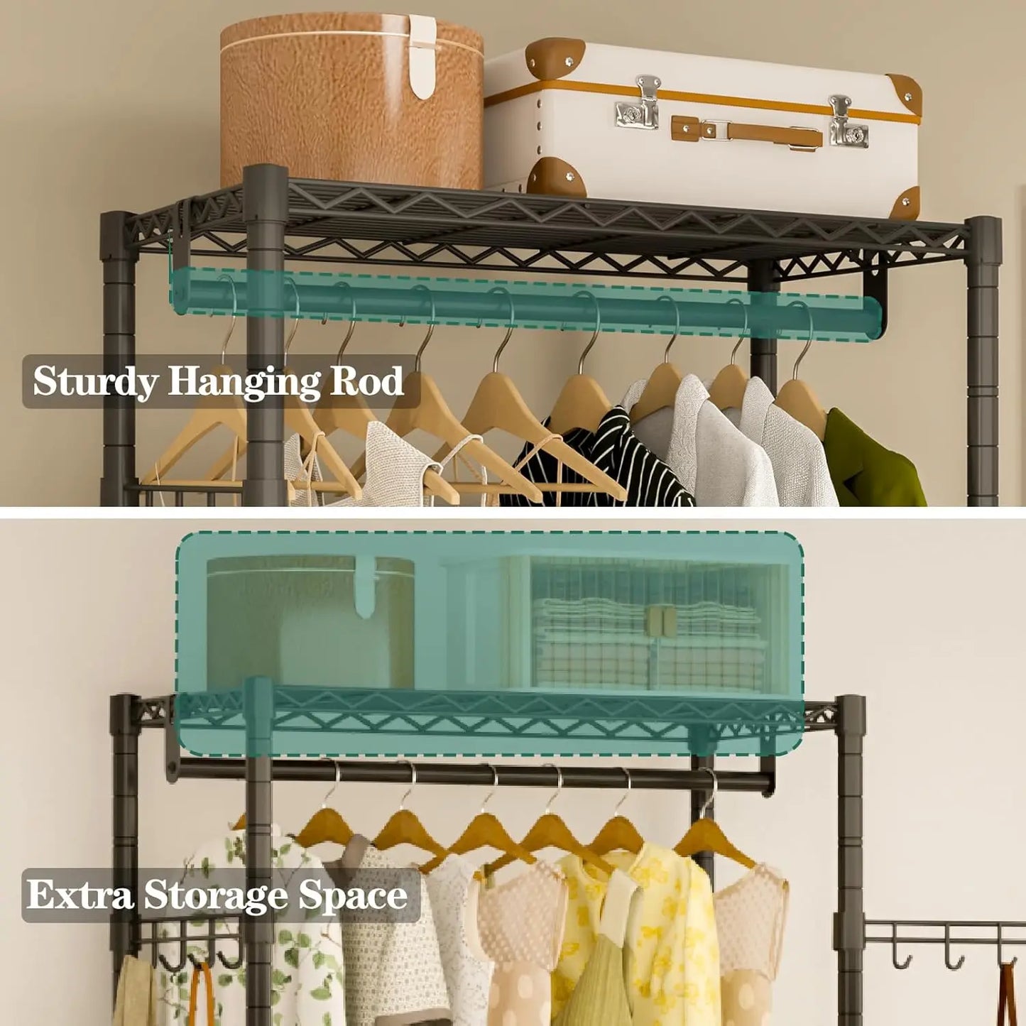 Rolling Clothes Rack Heavy Duty Wire Adjustable Garment Rack for Hanging Clothes with Lockable Wheels 2 Hanger Rods 35.4''L x 15