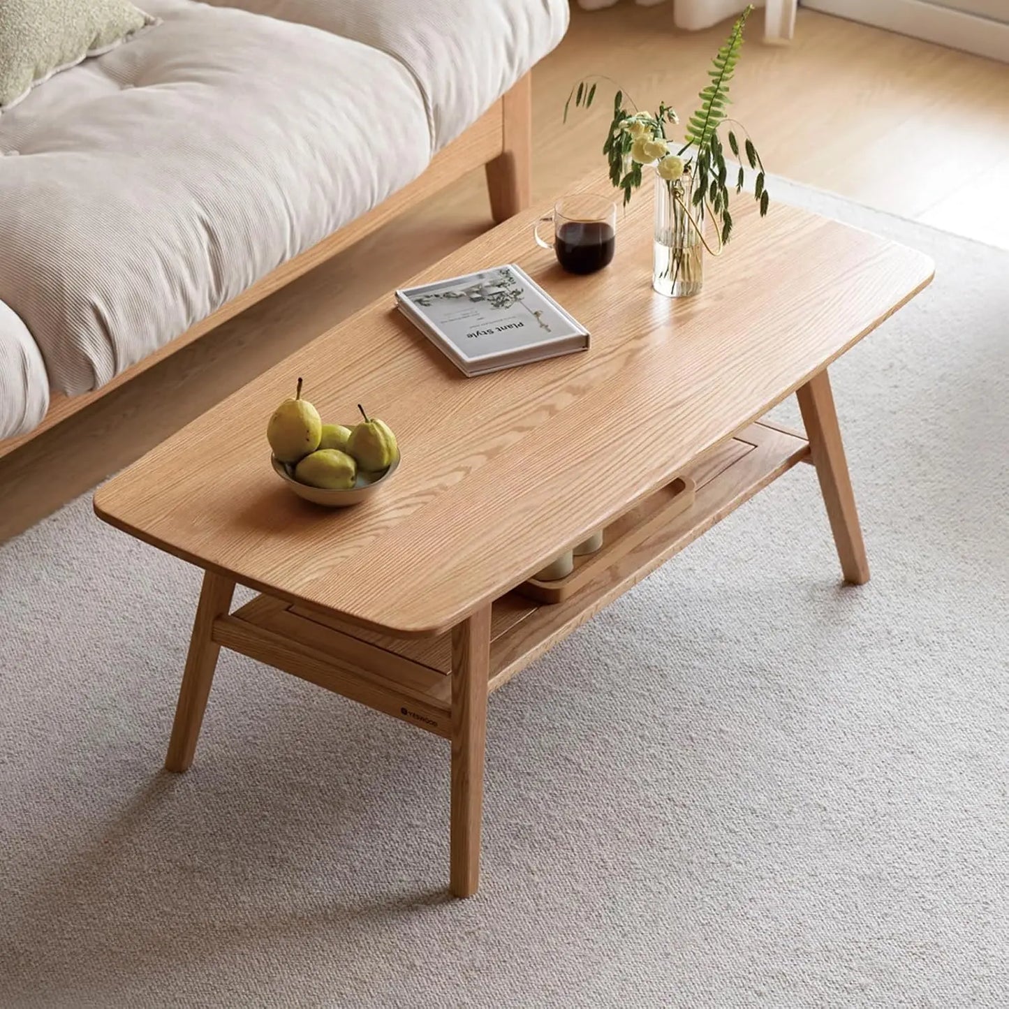 100% Solid Wood Coffee Table for Living Room, Mid Century Modern Small Tables with Shelf Storage, Storage Coffee, Customized