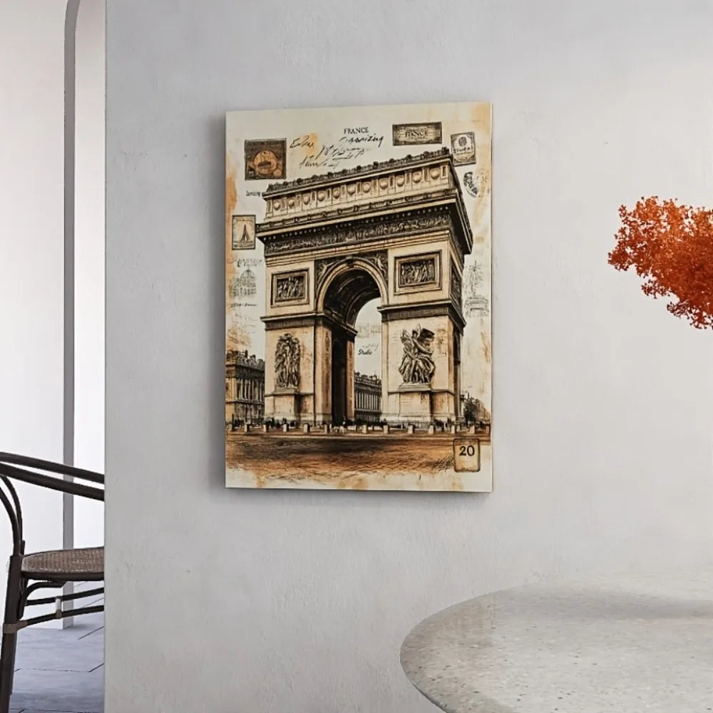 Paris Arc de Triomphe canvas art with travel symbols, pine frame, can be hung directly, suitable for interior decoration