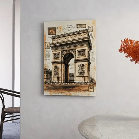 Paris Arc de Triomphe canvas art with travel symbols, pine frame, can be hung directly, suitable for interior decoration