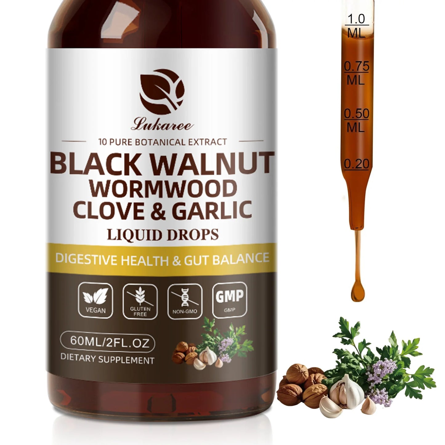 Lukaree 60ML Black Walnut Drop with Wormwood Clove & Garlic Support Digestion and Immune Health, Detoxify the Body Antioxidant