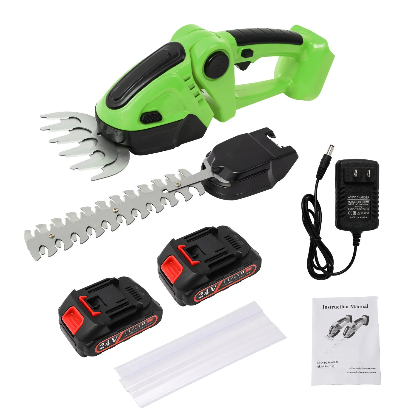 390W Handheld 2-in-1 Hedge Trimmer 15000 RPM 24V Battery-Powered Cordless Grass Cutter with Two Batteries and Charger for Garde