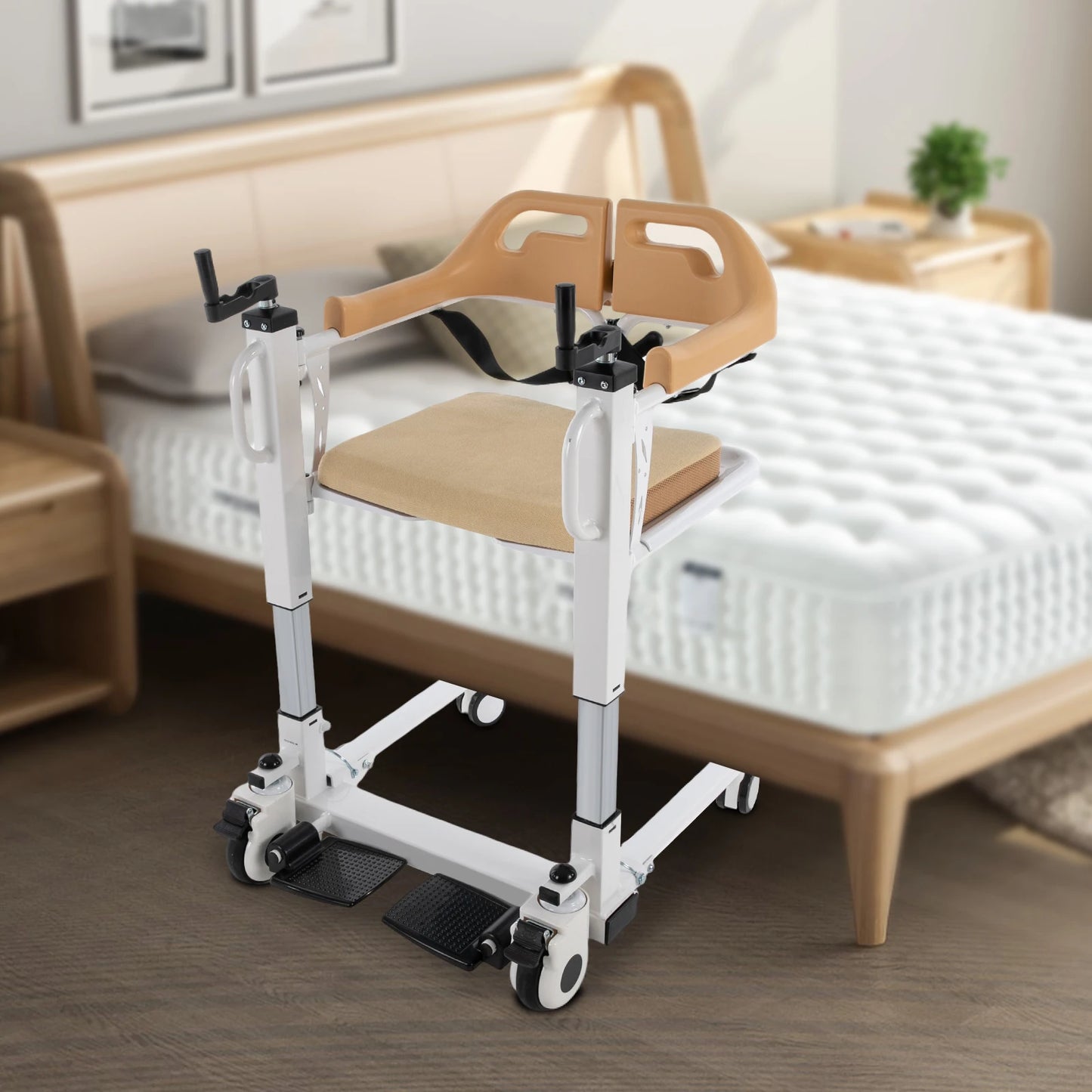 Manual Hand Commode Chair 220.46 lbs Crank Shifting Caregiver Mobility Aid Patient Lift Transfer Machine Seat Elderly Disabled