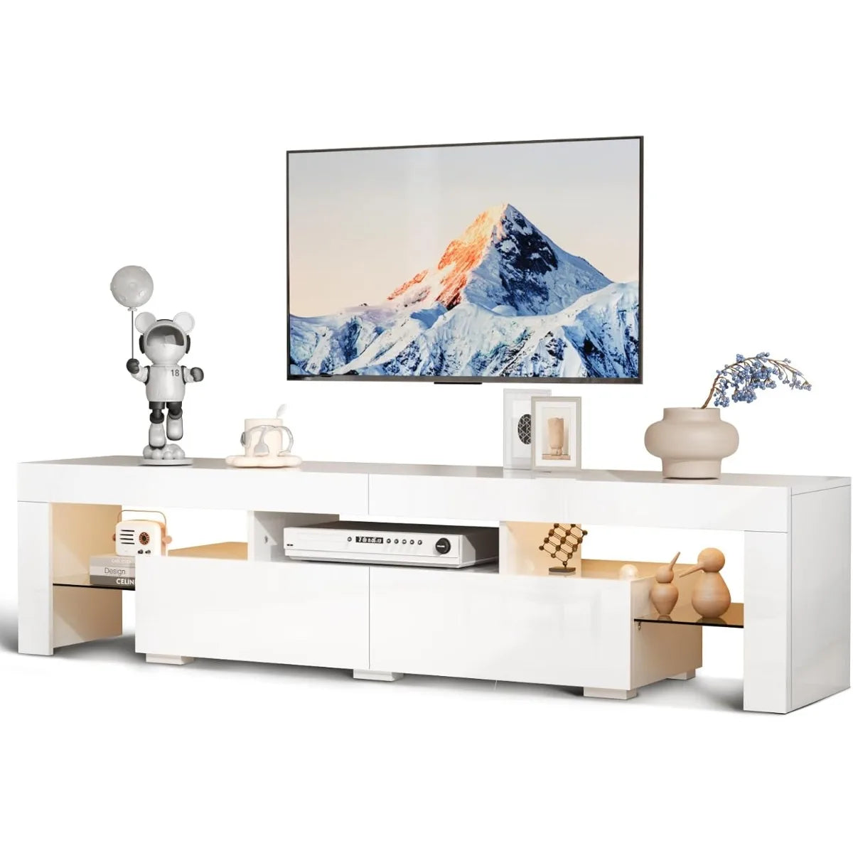 VINGLI LED TV Stand, 63'' High Glossy Modern Entertainment Center with LED Lights and Storage for 55/60/65/70 Inch TV - White