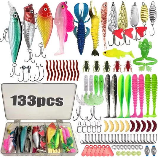 107-Piece Lure Fishing Set for Trout, Pike, and Bass Multi-Bait Fishing Kit with Layered Tackle Storage Professional Gear Storag