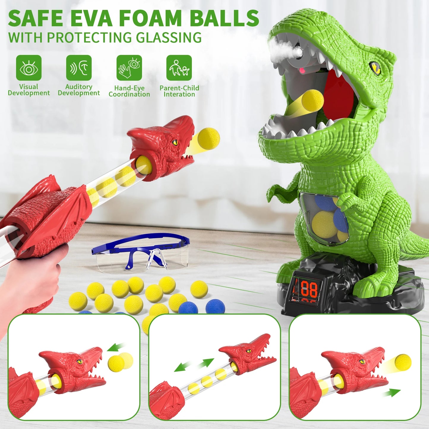 Dinosaur Shooting Toys Movable Target Shooting Game Dinosaur Toy With Score Record 2 Air Pump Blaster For Kid 3-6 Years Old Gift