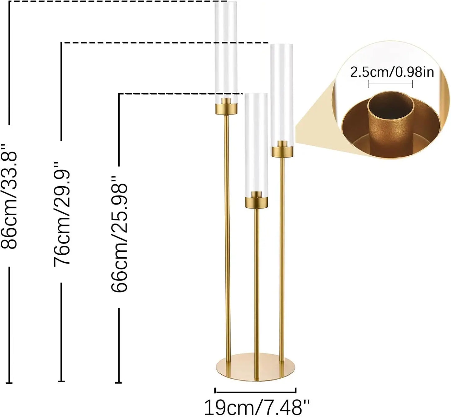 Candlestick Holders Gold for Wedding 8Pcs Taper 3 Arm 33.8Inch Tall Clear Cylinder Metal Candle Stands for Party Home Decor