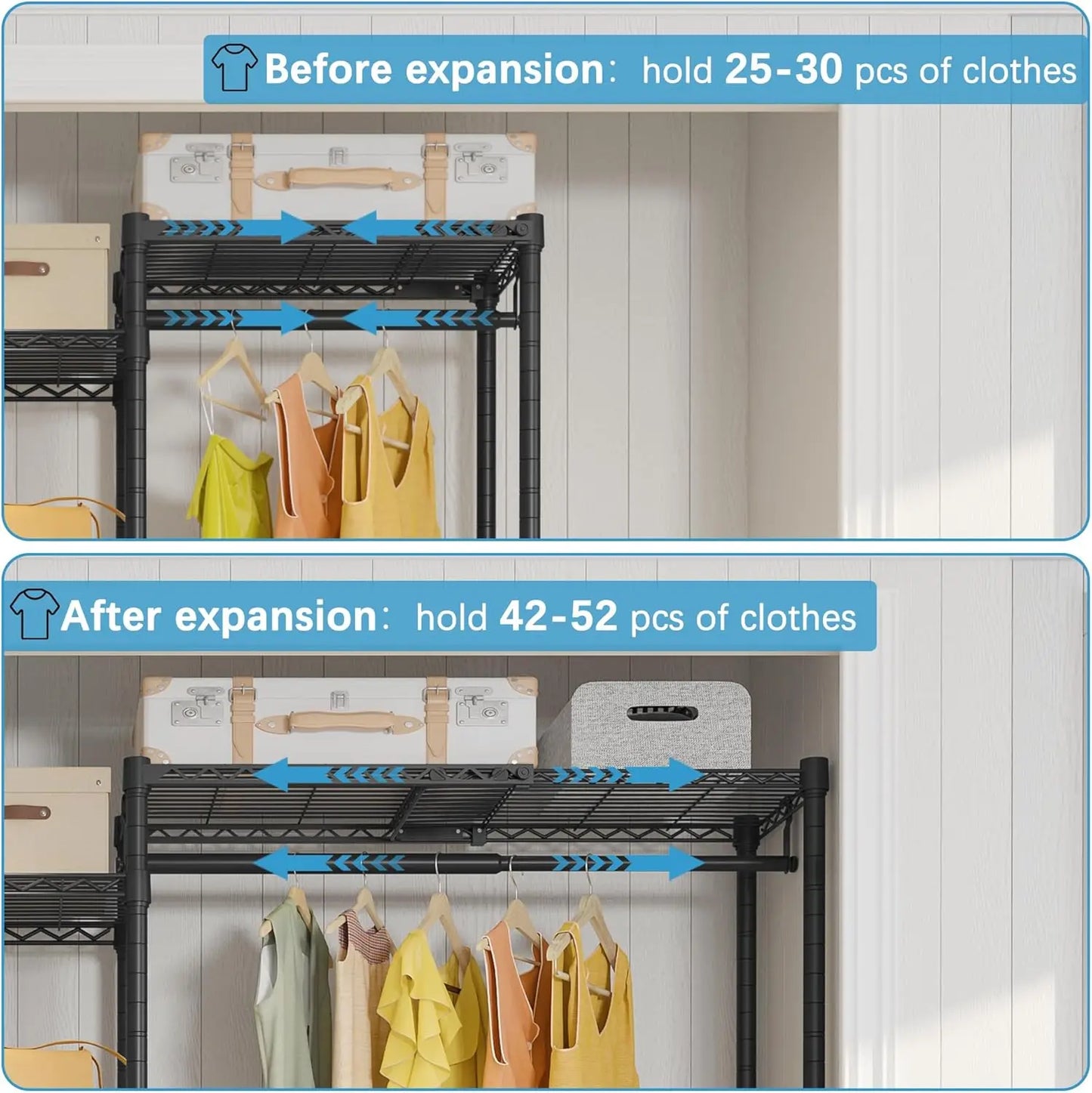 X20 Expandable Metal Clothing Rack Adjustable from 3'3" to 4'8" Heavy Duty Garment Racks with Adjustable Shelves and Hanger Rods
