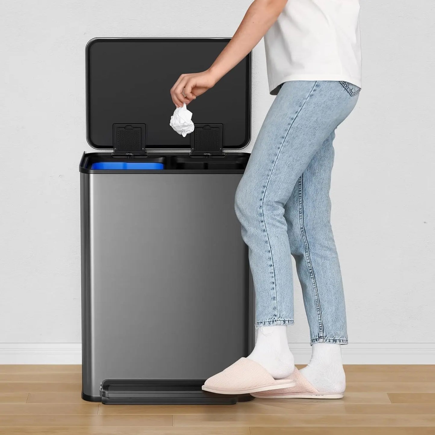 60 Liter / 2 x 8 Gallon Dual Trash Can with Recycle Bin, Stainless Steel Garbage Can with Lid and Foot Pedal Resistant Trash Can