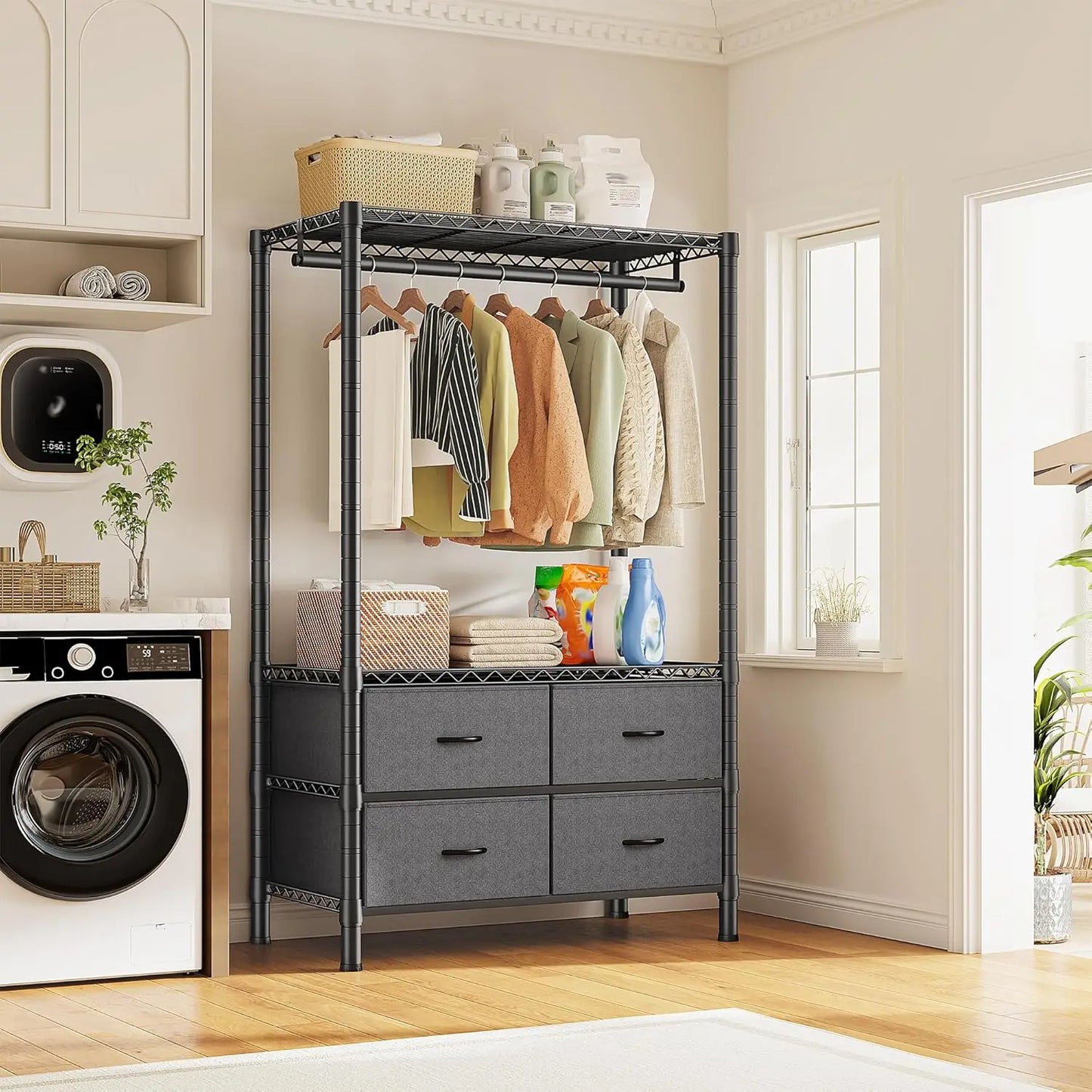 Clothing Rack Heavy Duty Clothes Rack for Hanging Clothes Adjustable with 4 Drawers Freestanding Garment Rack for Extra Space Bl