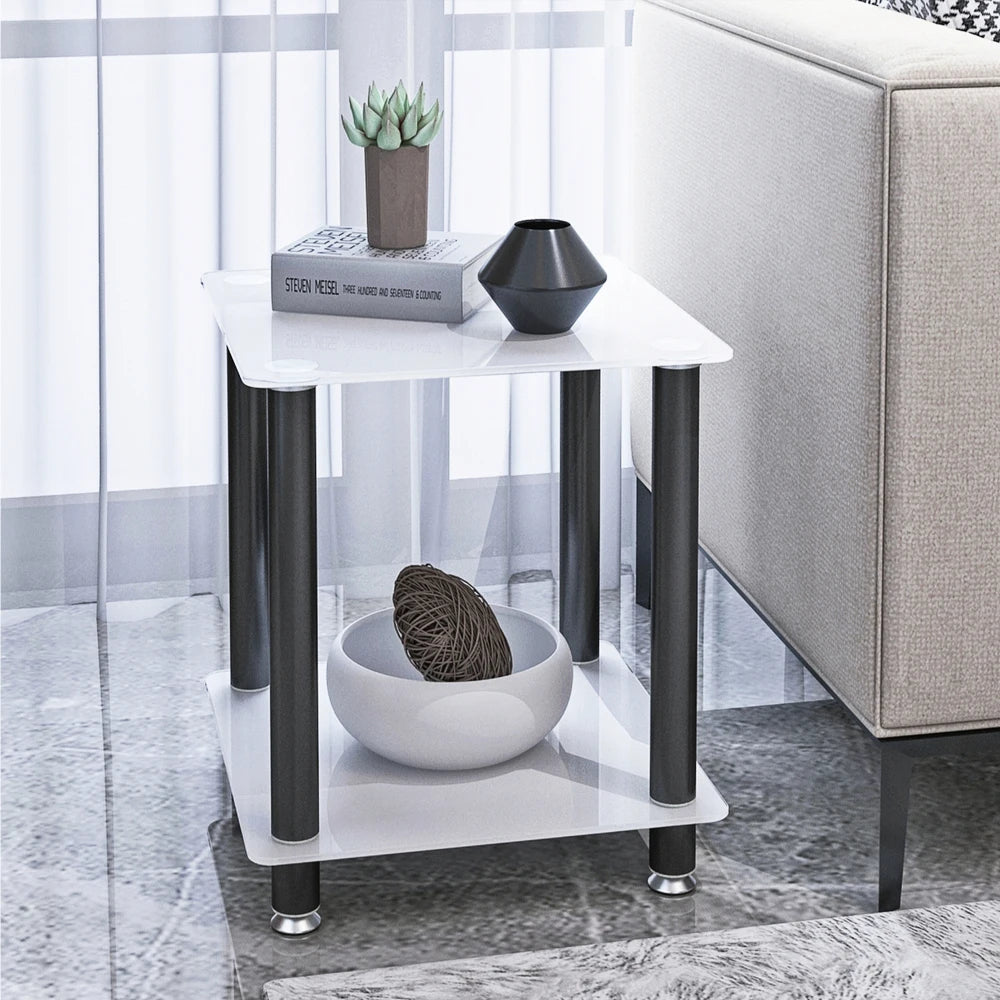1-Piece White Black Side Table 2-Tier Space End Table Modern Night Stand Sofa Table Side Table with Storage Shelve
