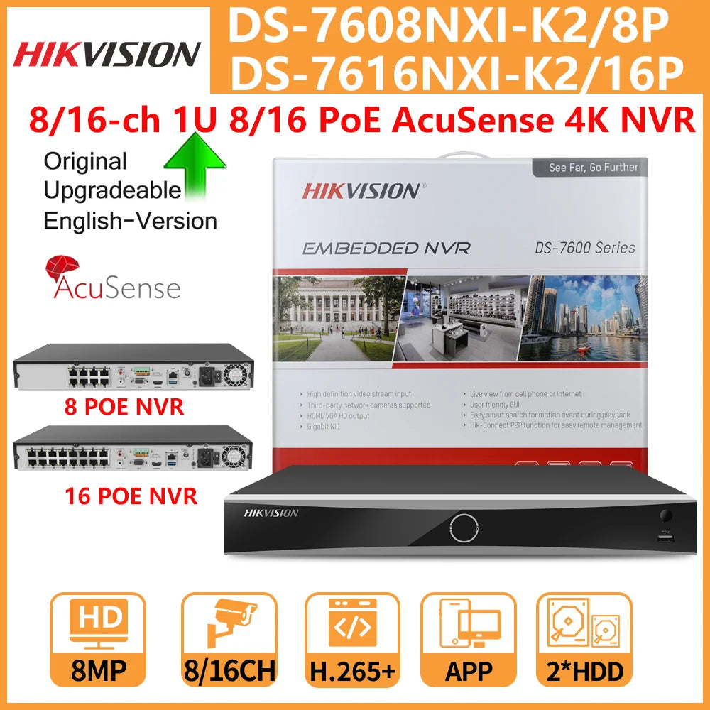 Hikvision 4K NVR 8-CH DS-7608NXI-K2/8P 16-CH DS-7616NXI-K2/16P 8/16 POE Ports AcuSense Facial Recognition Network Video Recorder