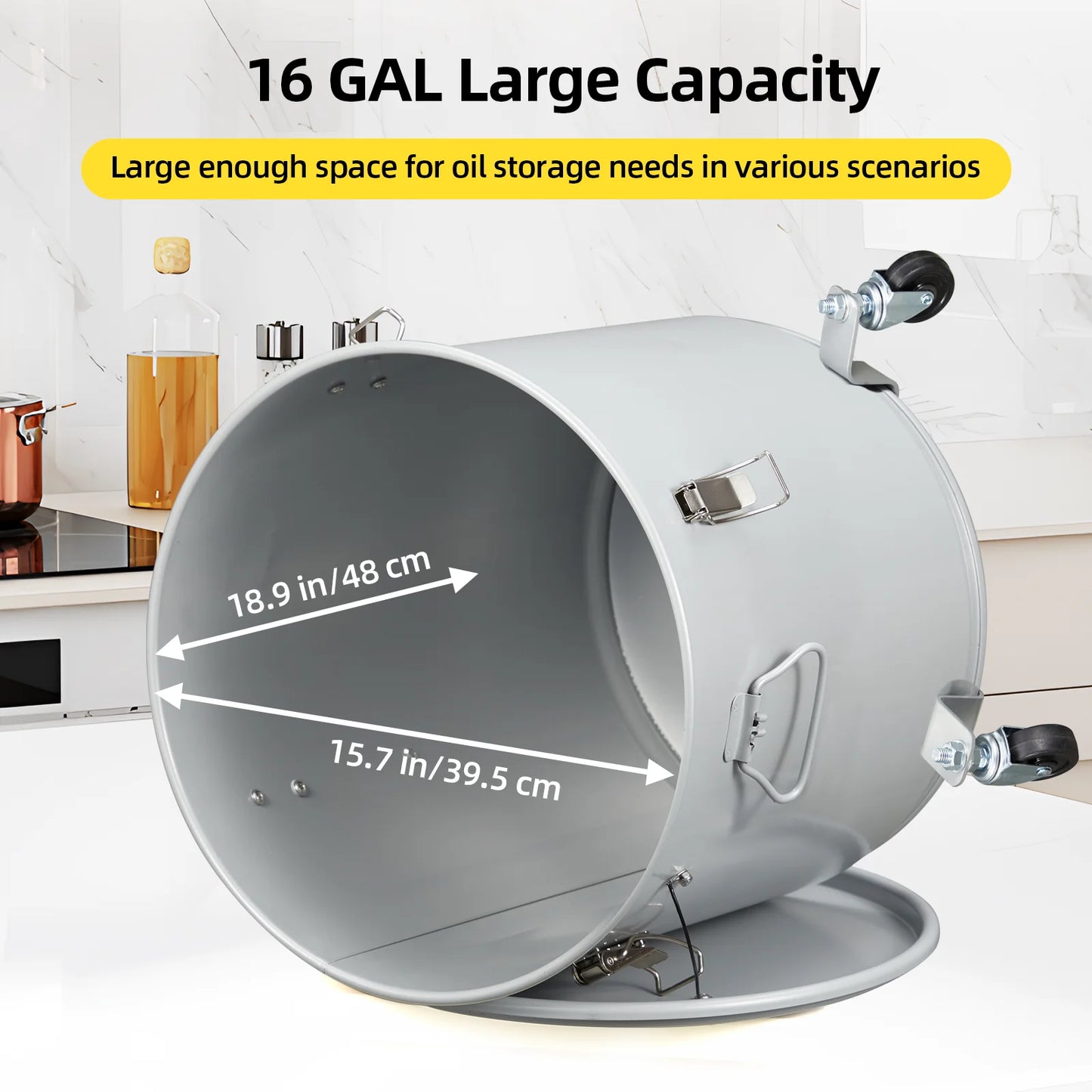 Fryer Grease Bucket 16 Gal Coated Carbon Steel Oil Filter Pot with Caster Base Oil Disposal Caddy Transport Container with Lid L