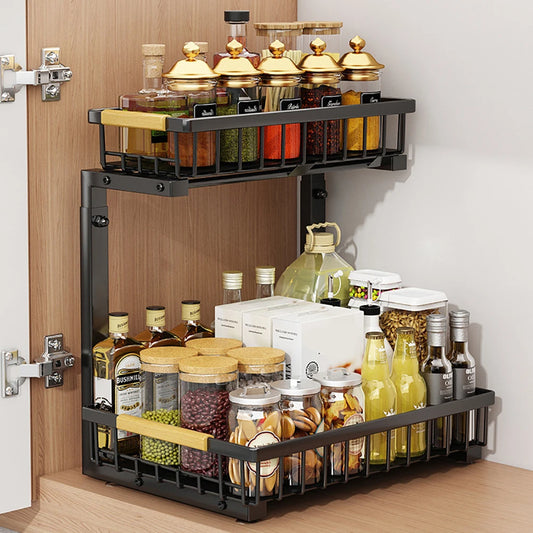 2-Tier Pull Out Cabinet Organizer Under Sink Storage Shelf for Kitchen Bathroom Carbon Steel Slide Out Sink Shelves for Cabinet