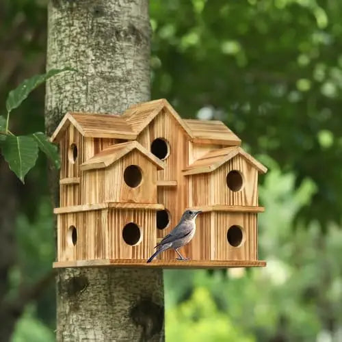 10-Room Cedar Wood Bird House for Garden, Handmade Outdoor Decor Attracts Finches and Bluebirds