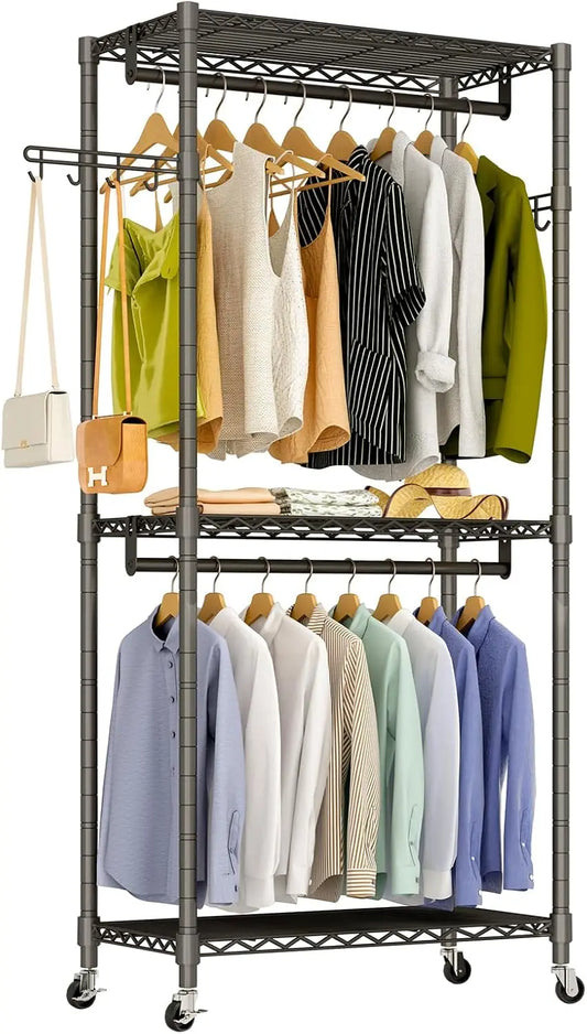 Rolling Clothes Rack Heavy Duty Wire Adjustable Garment Rack for Hanging Clothes with Lockable Wheels 2 Hanger Rods 35.4''L x 15