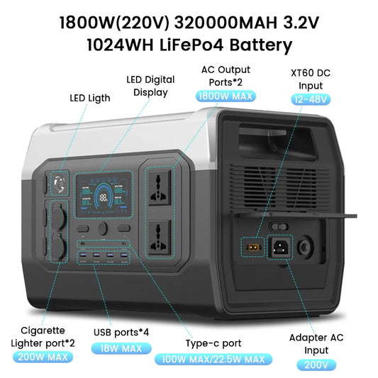 2600W 1800W Portable Power Station LiFePO4 battery UPS for Camping power outages Pure Sine Wave 220 230V 50Hz 1600W 110V 60Hz