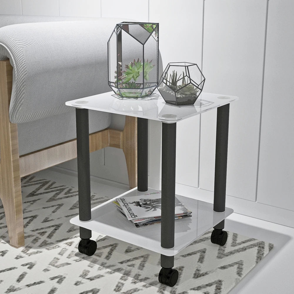 1-Piece White Black Side Table 2-Tier Space End Table Modern Night Stand Sofa Table Side Table with Storage Shelve