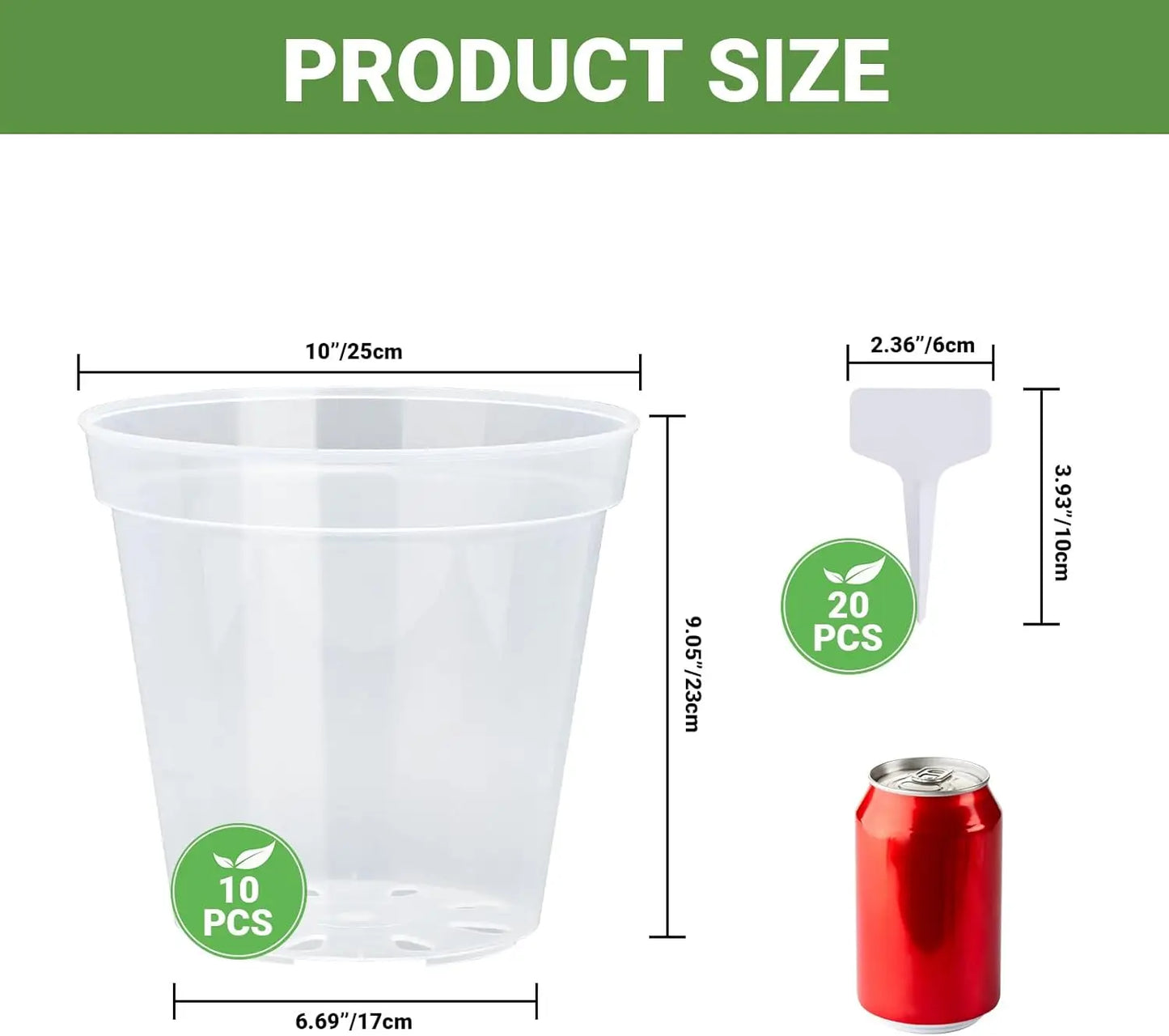 10-Inch Clear Nursery Pots with Drainage Holes and Plant Labels, Ideal for Flowers, Seeds, Succulents, Vegetables (10-Pack)