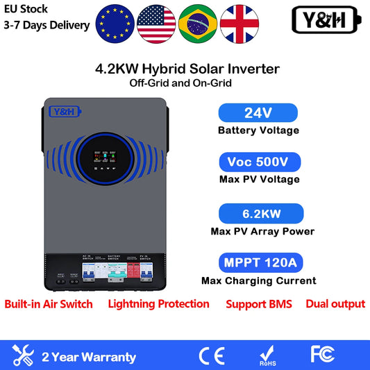 Y&H 4.2KW 6.2KW Hybrid Solar Inverter 24V48V Built-in Air Switch Lightning Protection Pure Sine Wave 220V120A MPPT Solar Charger