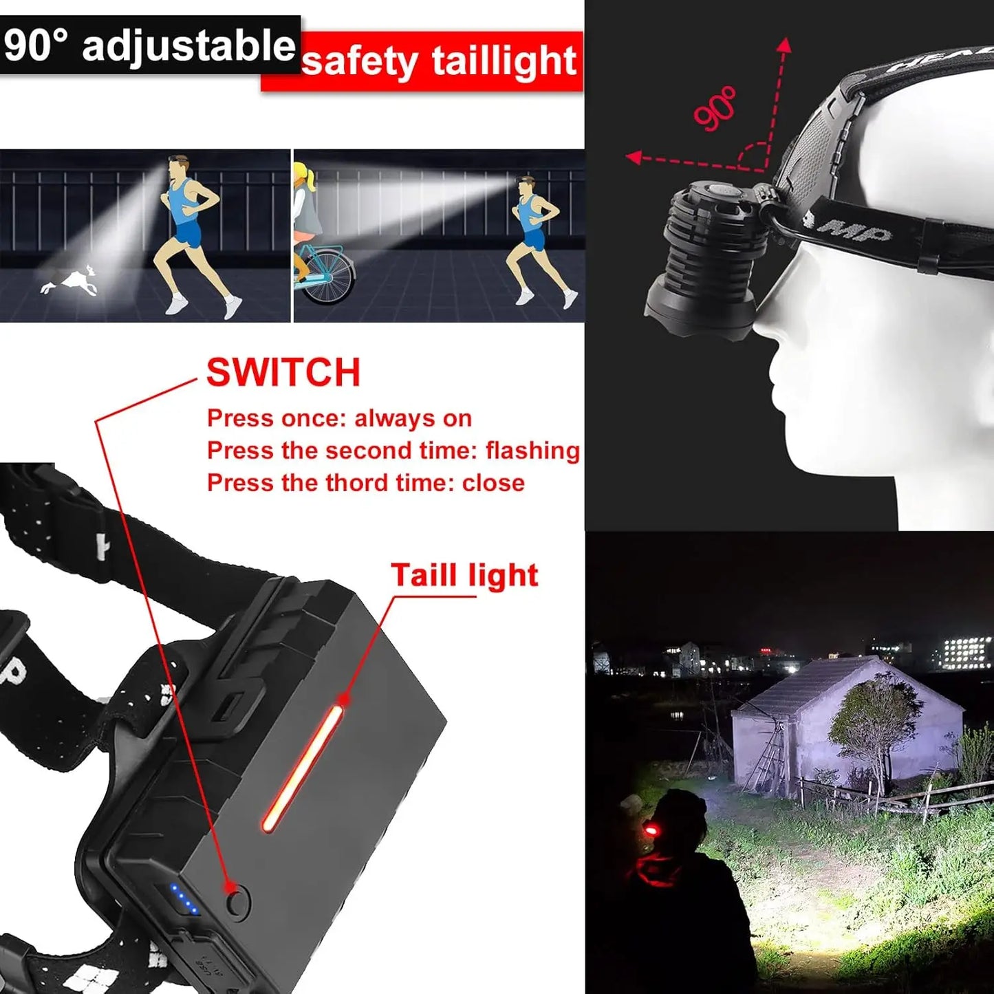 2pcs P70 Telescopic Zoom Glare Headlight USB Rechargeable Night Fishing Light Head-Mounted Torch High-Power LED Headlight