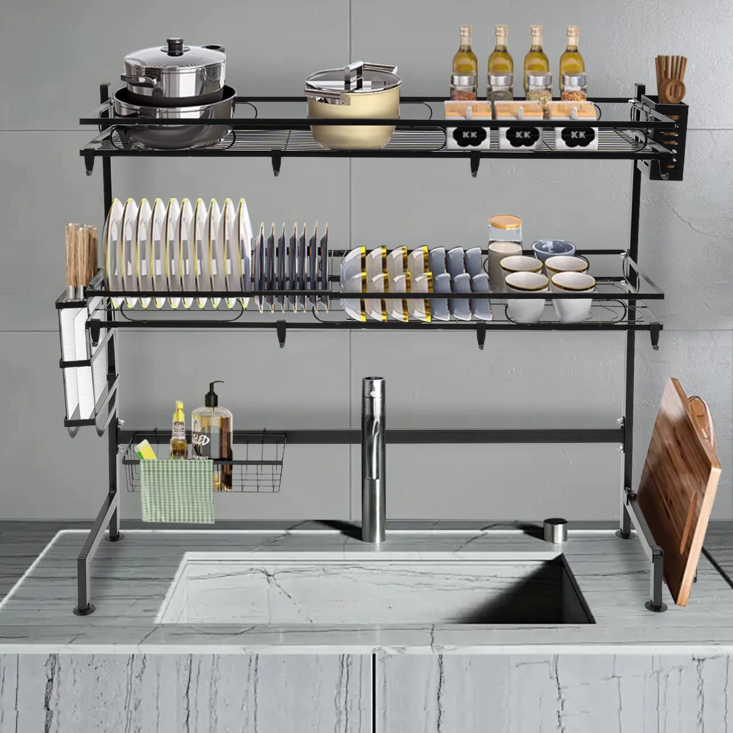 2Tier Over Sink Dish Drying Rack, Cutlery Drainer Kitchen Shelf Cup Organizing for Kitchen Counter-Space-Saving Dish Rack