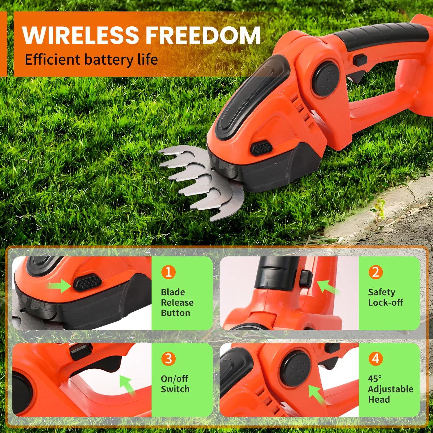 390W Handheld 2-in-1 Hedge Trimmer 15000 RPM 24V Battery-Powered Cordless Grass Cutter with Two Batteries and Charger for Garde