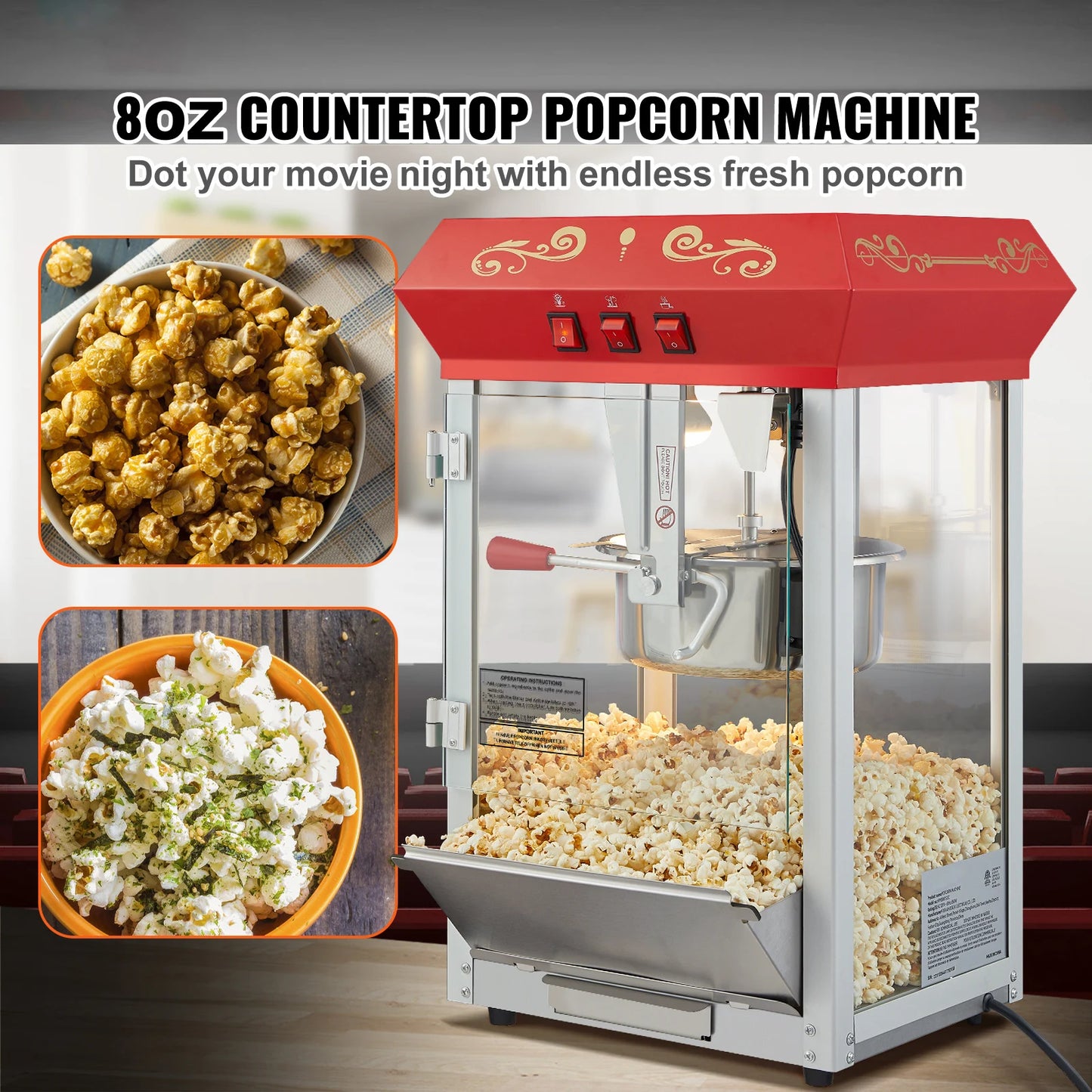 SucceBuy Popcorn Maker Popcorn Popper Machine 8 Oz 12 Oz Kettle Makes 48 or 80 Cups per Batch Countertop Popcorn Maker