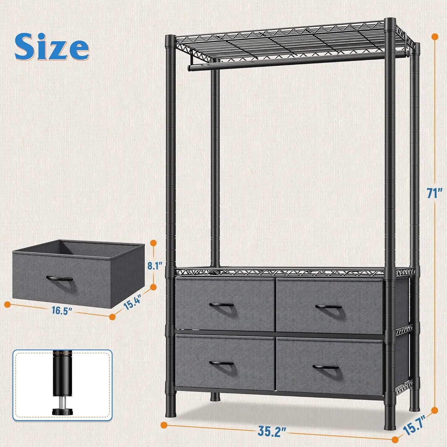 Clothing Rack Heavy Duty Clothes Rack for Hanging Clothes Adjustable with 4 Drawers Freestanding Garment Rack for Extra Space Bl