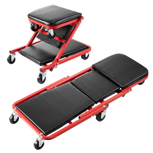 SucceBuy Foldable Z Garage Creeper Rolling Folding Mechanic Creeper Stool with 6 Wheels Tool Tray Padded Seat Garage Shop Home