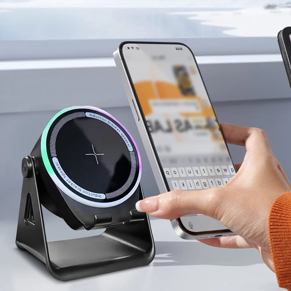 Wireless Induction Speaker with Bluetooth-compatible Speaker Stereo Sound Cell Phone Stand for Home and Outdoors