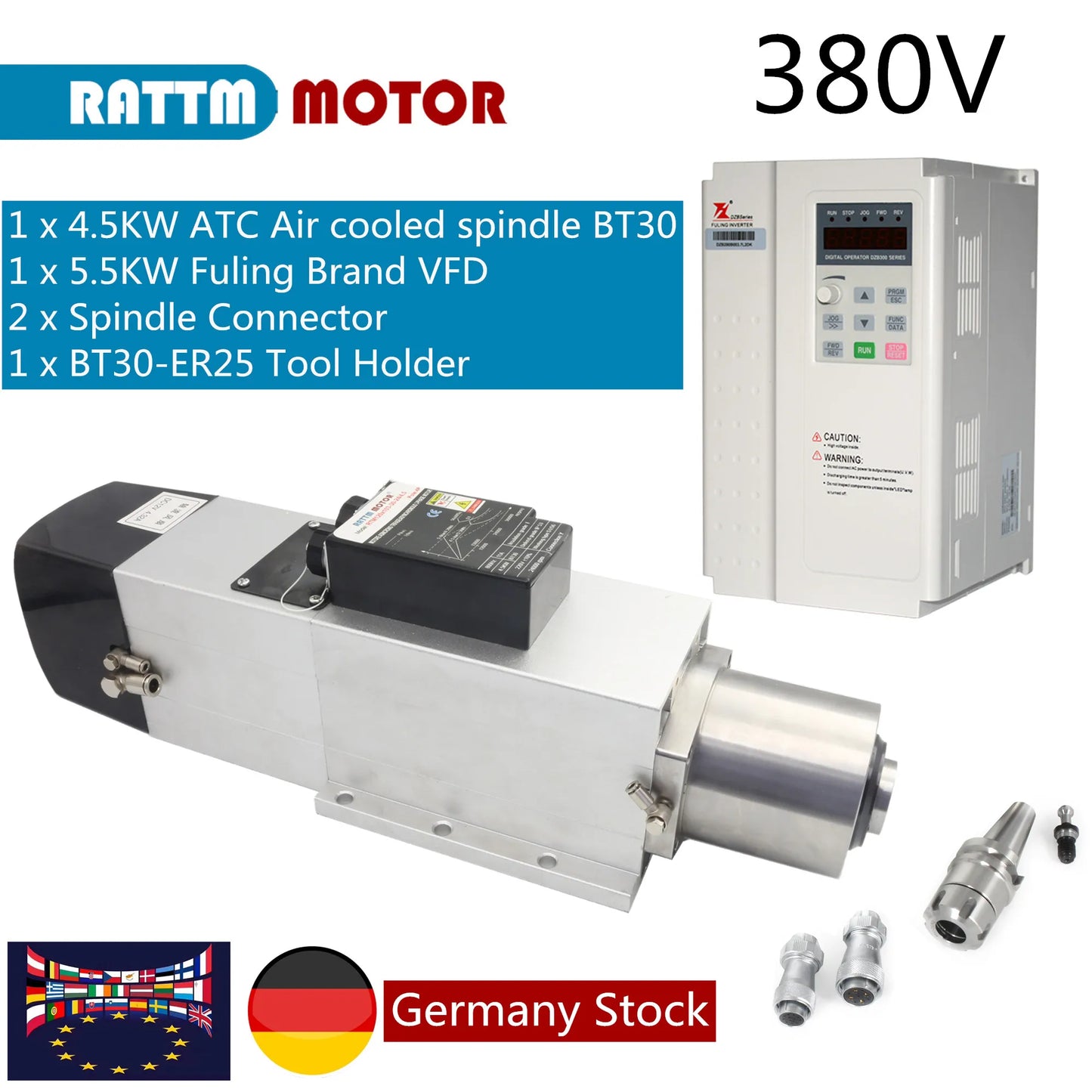 【Stock in EU / US】CNC BT30 ATC air cooled spindle motor 4.5KW 24000RPM 220V / 380V Automatic Tool Changeable spindle