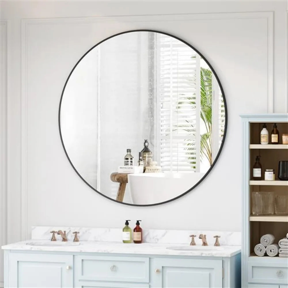 Wall Mirror 42 Inch Black Circular Mirror Metal Framed Mirror Round Vanity Mirror Dressing Mirror, for Bathroom, Living Room, Be