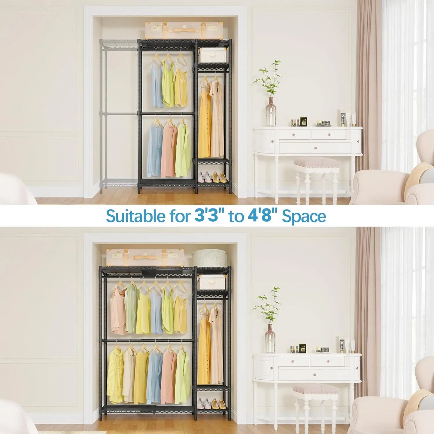 X20 Expandable Metal Clothing Rack Adjustable from 3'3" to 4'8" Heavy Duty Garment Racks with Adjustable Shelves and Hanger Rods