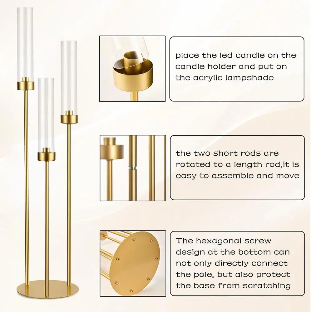 Candlestick Holders Gold for Wedding 8Pcs Taper 3 Arm 33.8Inch Tall Clear Cylinder Metal Candle Stands for Party Home Decor