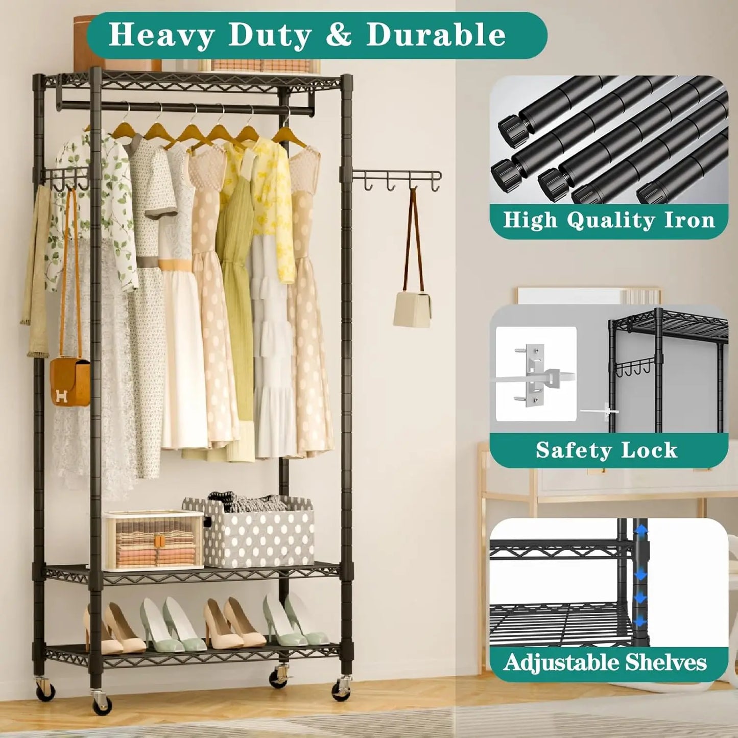 Rolling Clothes Rack Heavy Duty Wire Adjustable Garment Rack for Hanging Clothes with Lockable Wheels 2 Hanger Rods 35.4''L x 15